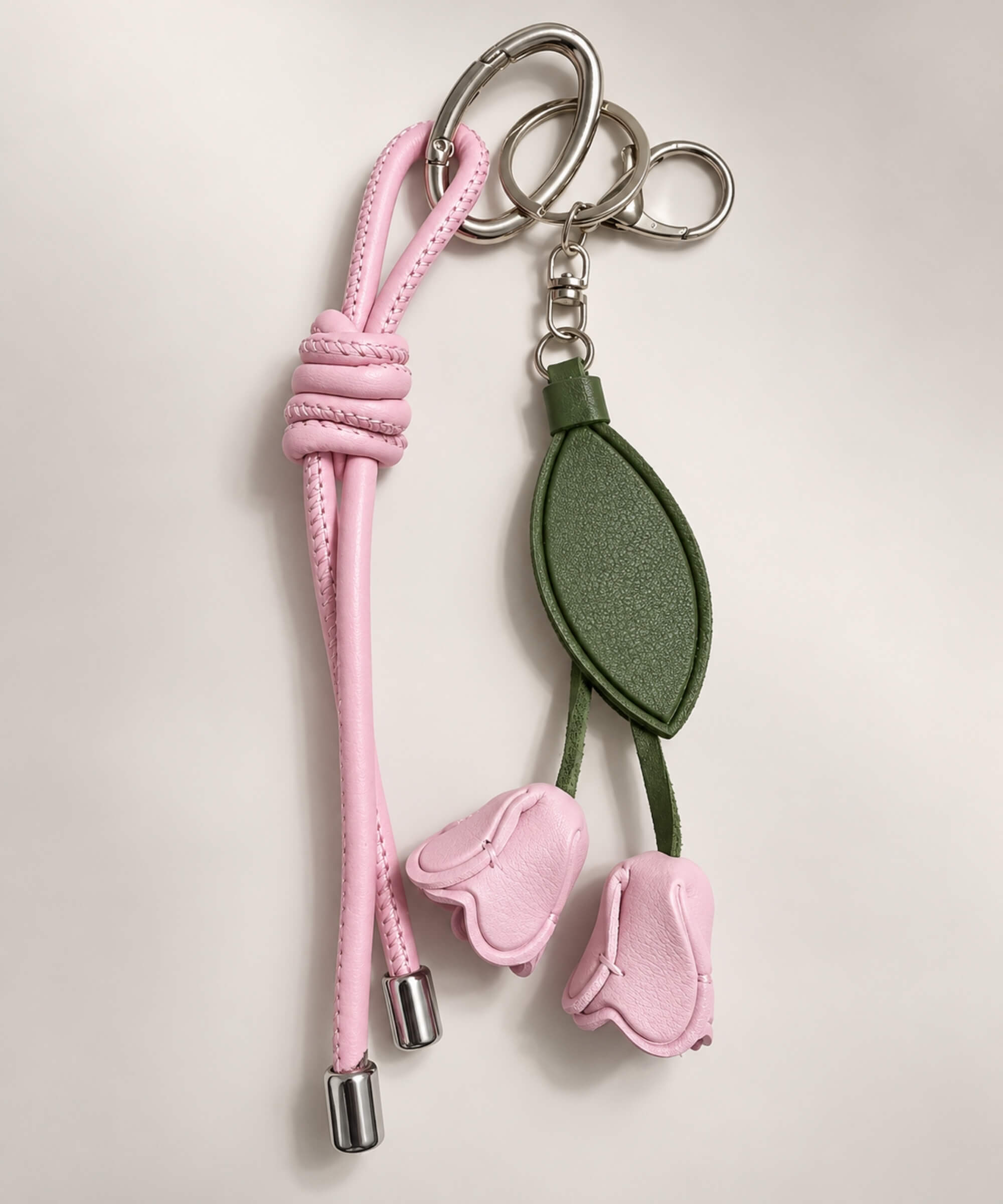 Pink rose PU leather bag charm keychain with hanging rosebuds